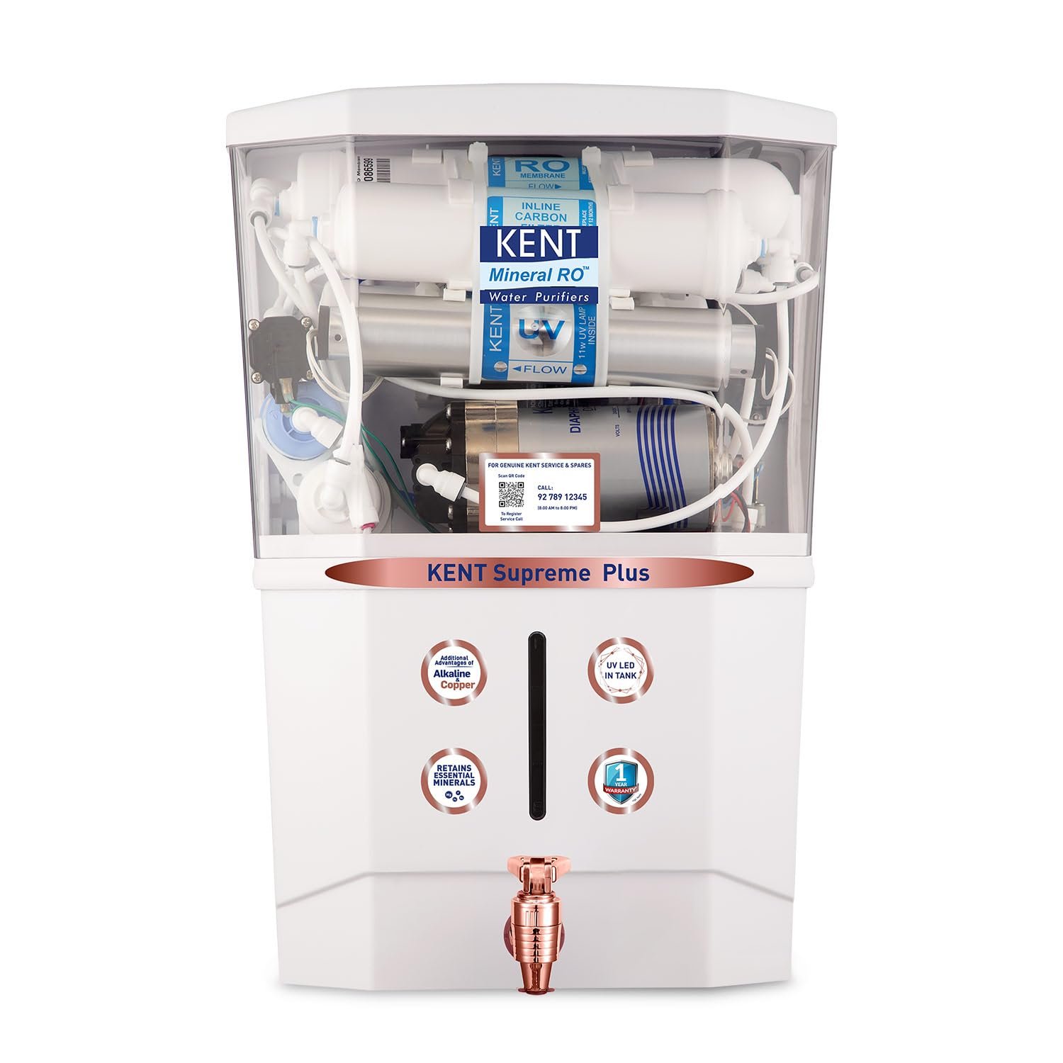 KENT Supreme Plus Alkaline+Copper RO Water Purifier | RO+UV+UF+Alk +Cu+TDSControl+UV LED Tank|Advanced ROTech for Sabse Shudh Paani | Auto Flush | 8L| 20LPH | Ideal for Borewell/Tanker/Municipal Water - View 2