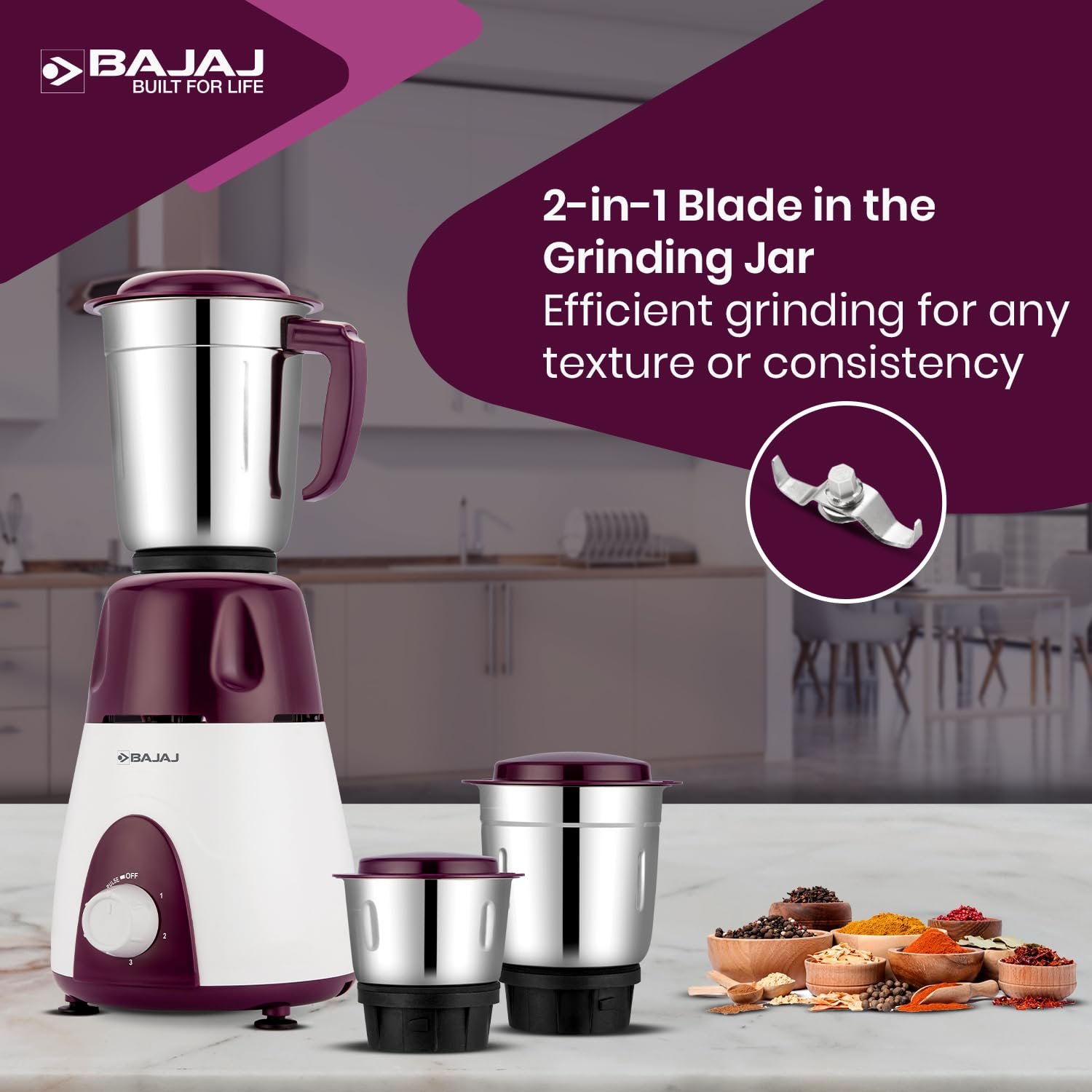 Bajaj Rex Mixer Grinder 500W | Mixie For Kitchen With Nutri-Pro Features | 3 SS Mixer Jars For Heavy Duty Grinding | Adjustable Speed Control | Multifunctional Blade System | 2 Yr Warranty - View 2