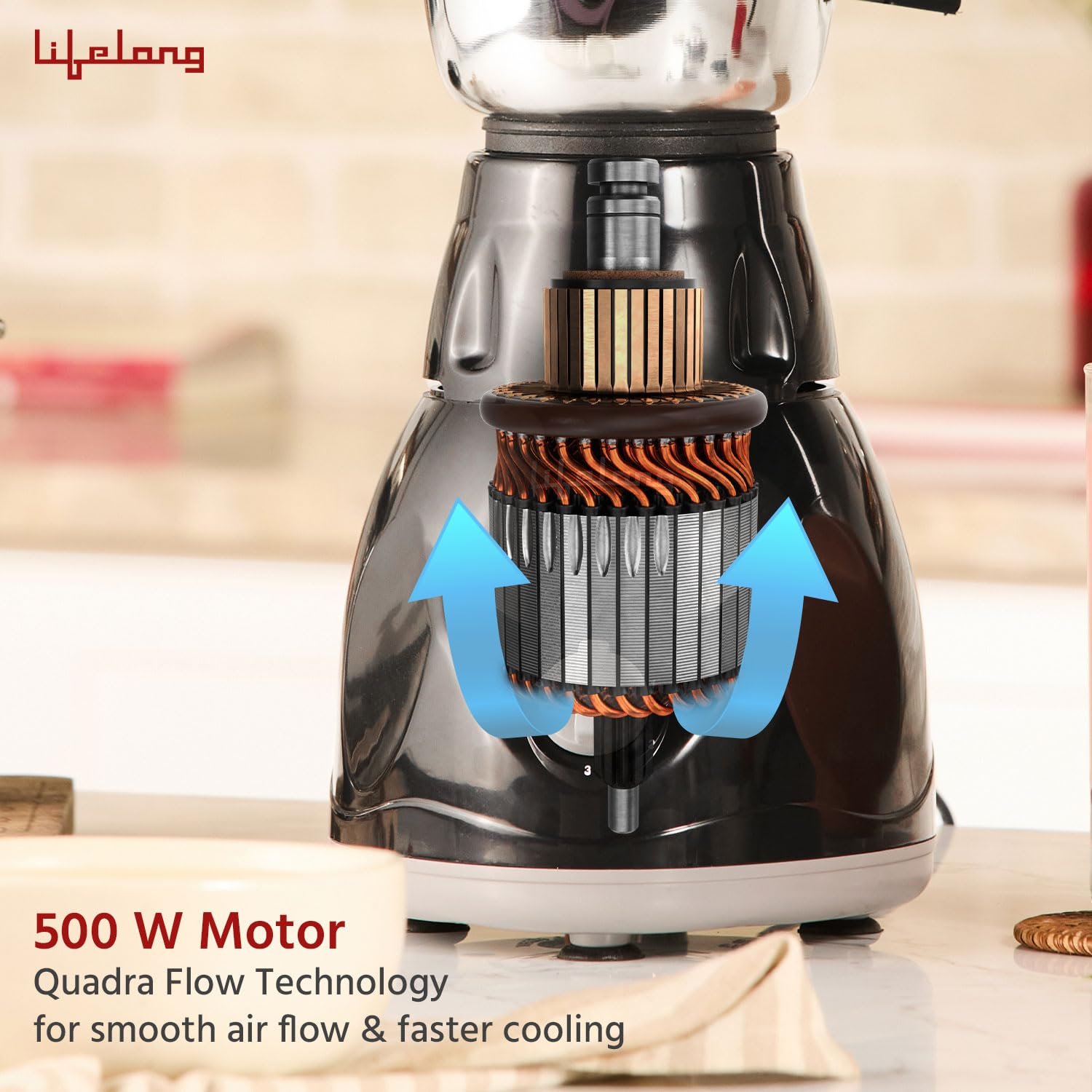 Lifelong LLMG23 Power Pro 500-Watt Mixer Grinder with 3 Jars (Liquidizing, Wet Grinding and Chutney Jar), Stainless Steel blades, 1 Year Warranty  - View 5