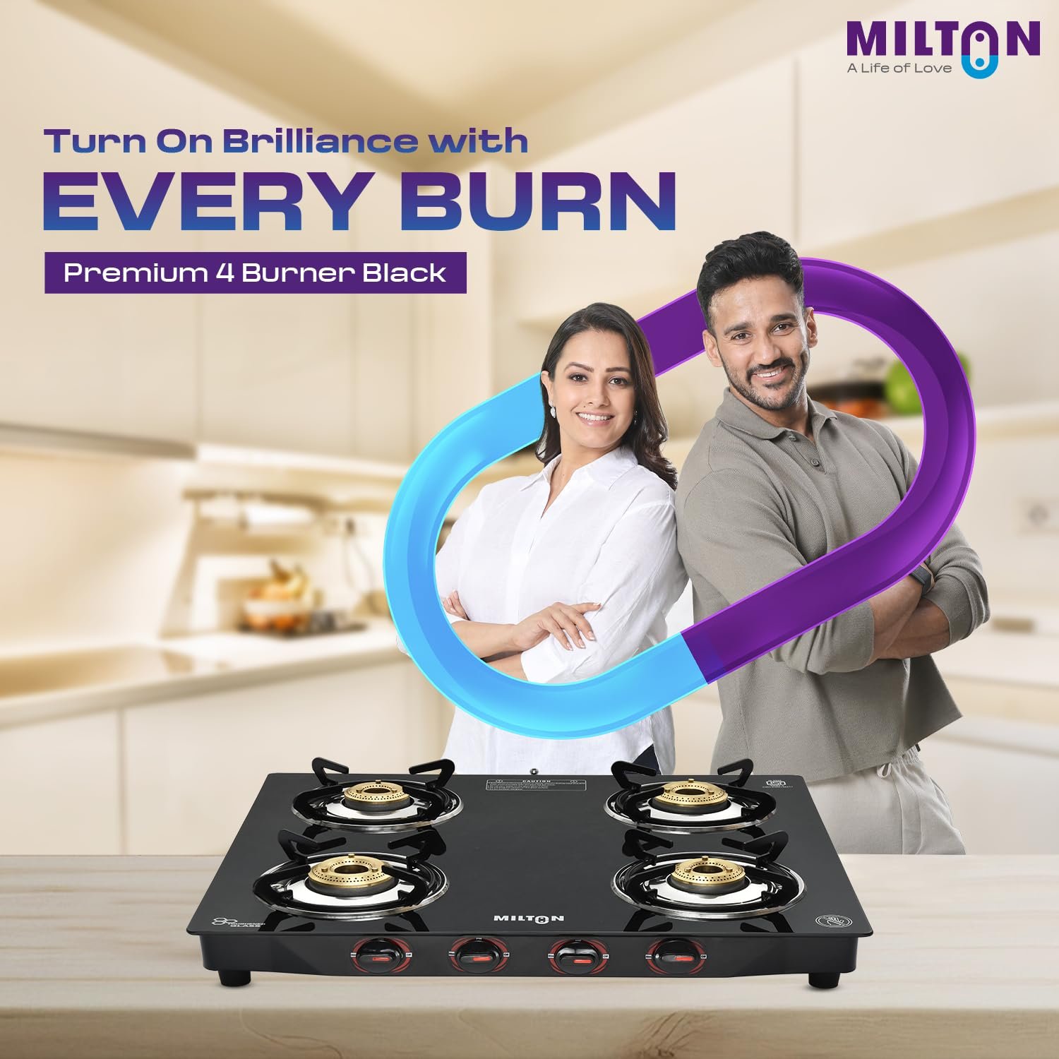 MILTON Premium 4 Burner Black Manual Ignition Glass Top Gas Stove, (ISI Certified) - View 2