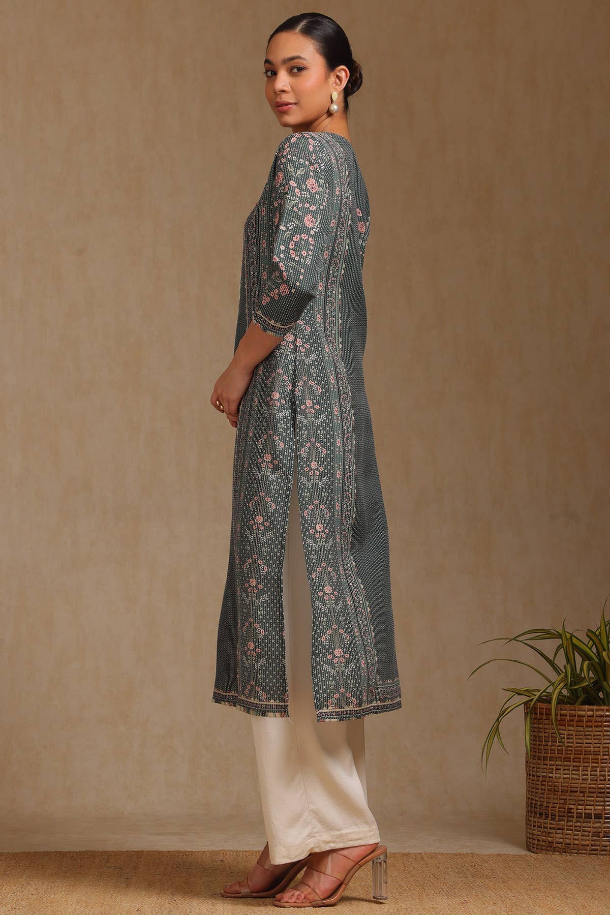 Olive Rayon Botanical Printed Kurta With Mirror Work - View 3