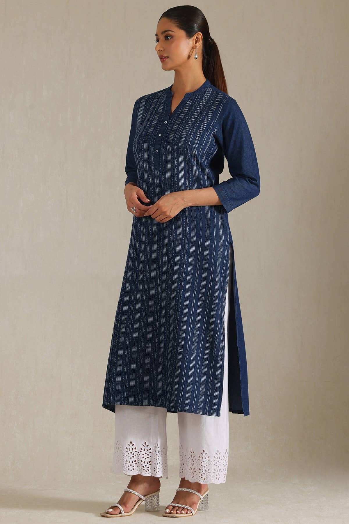 Indigo Denim Dots Kurta With Thread Work - View 3