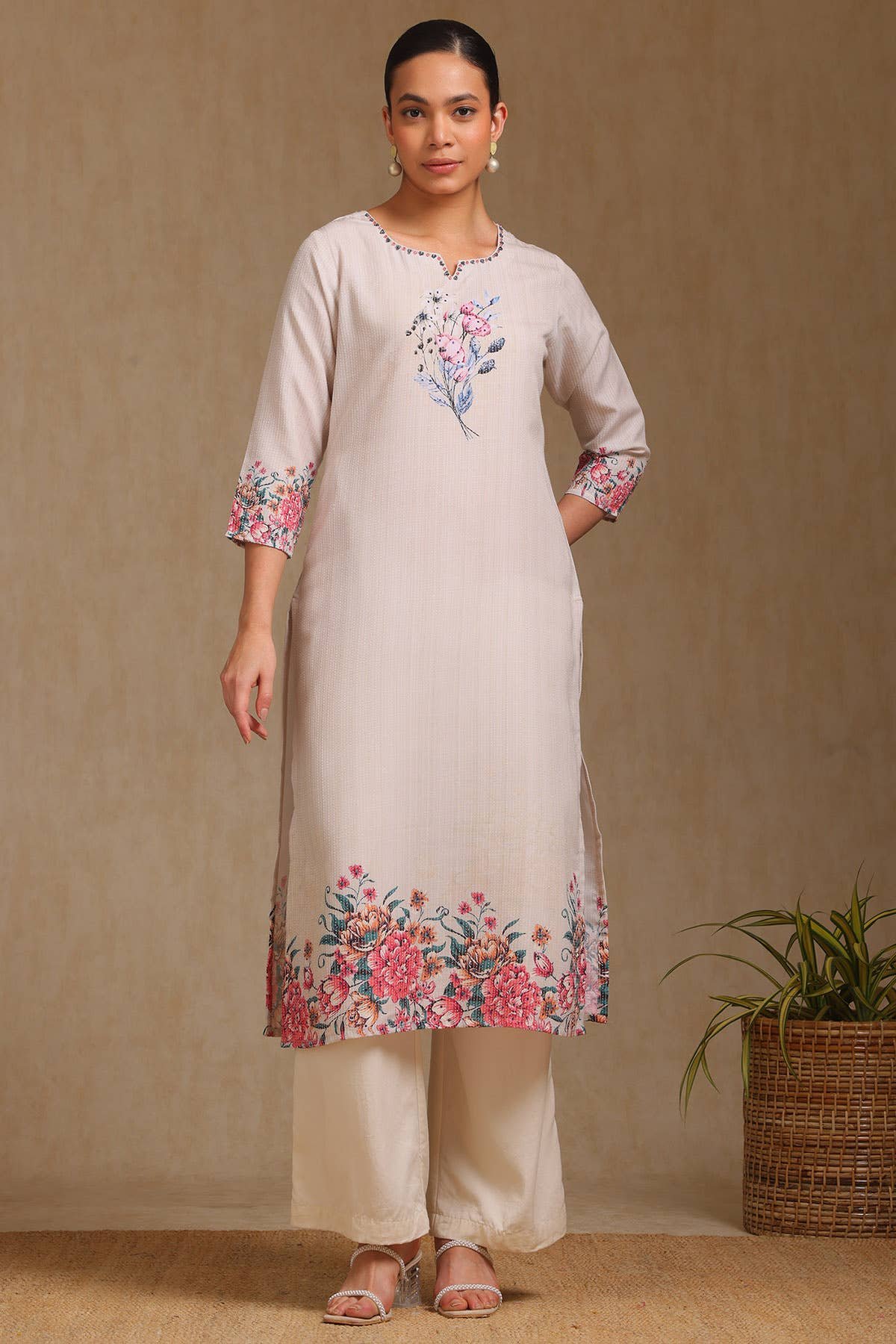 Beige Rayon Floral Printed Kurta - View 4