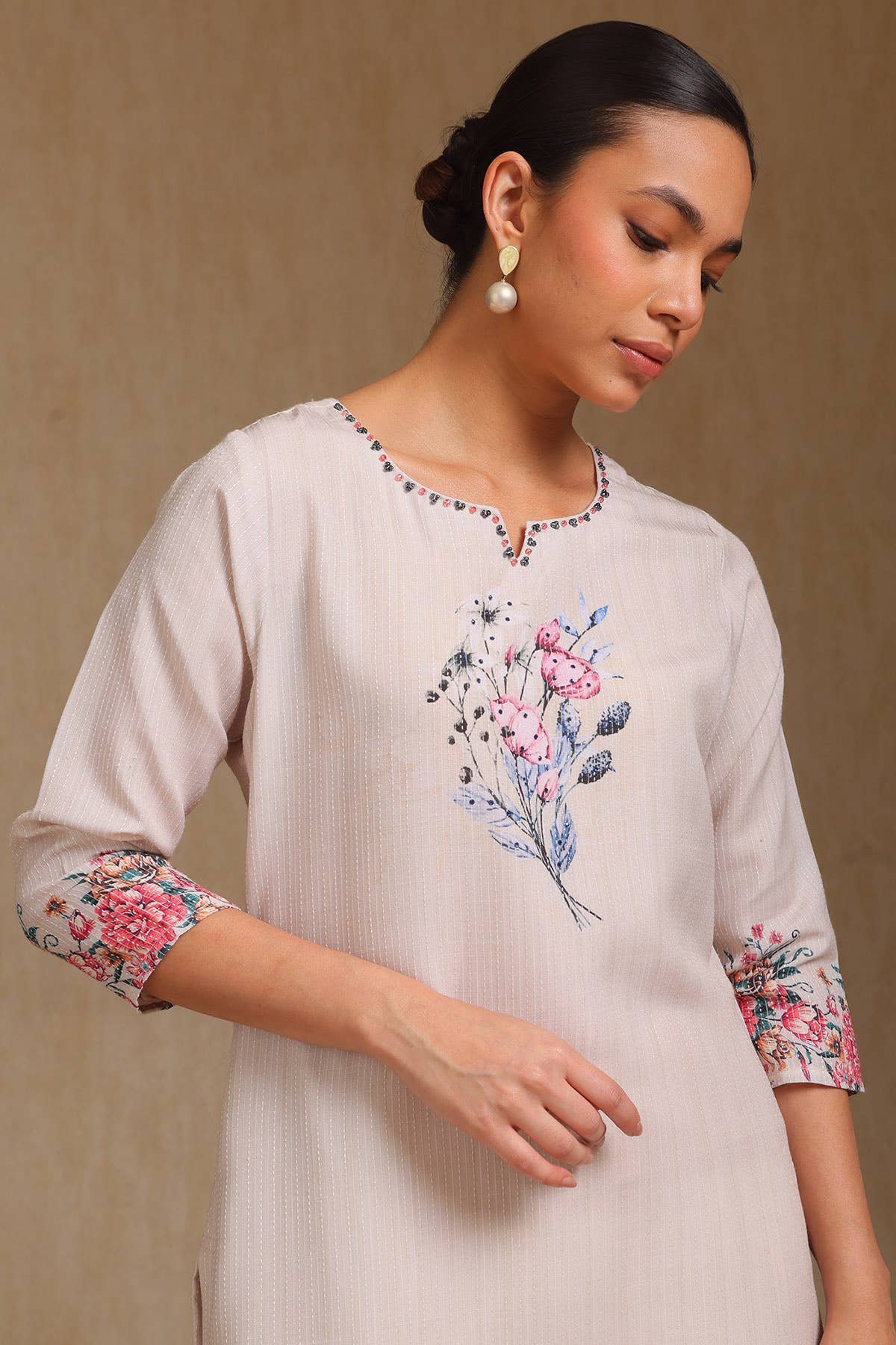 Beige Rayon Floral Printed Kurta
