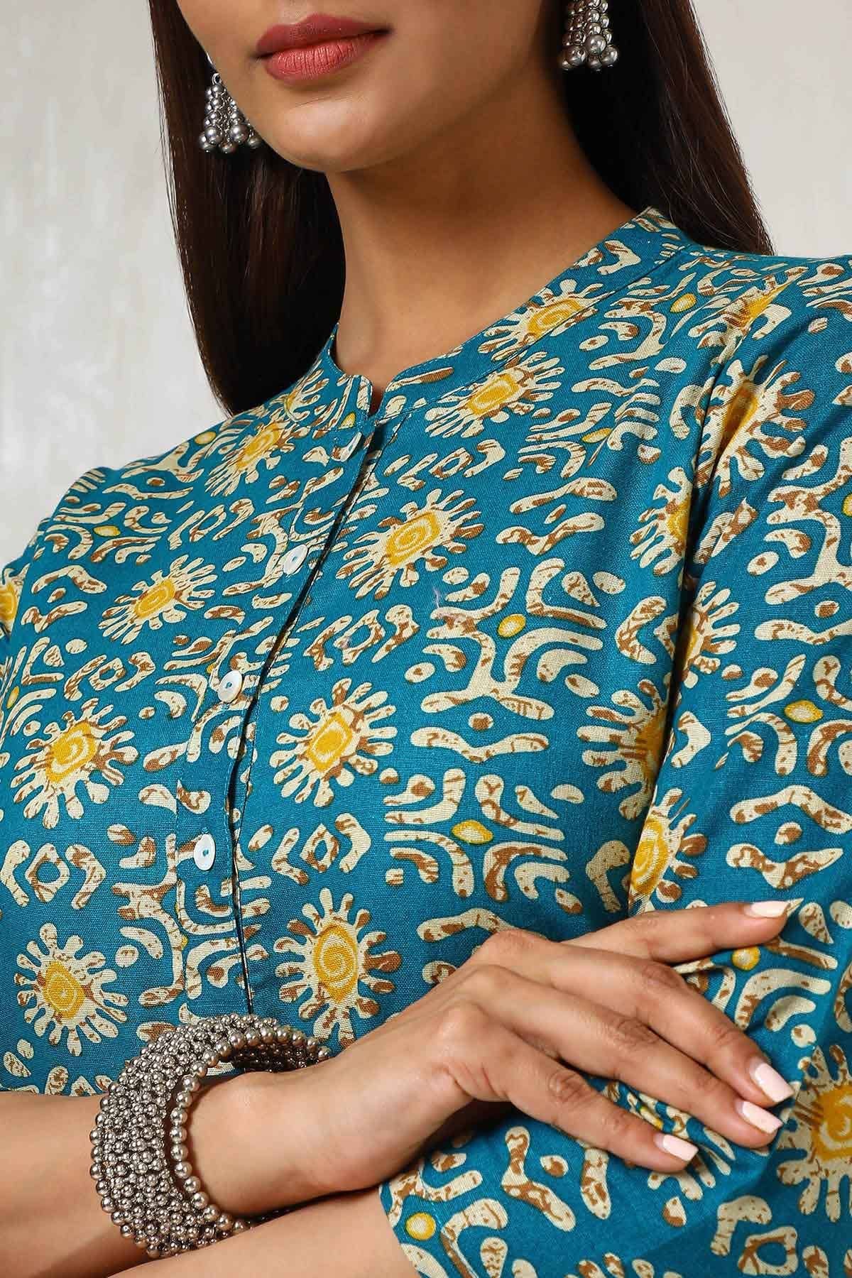 Teal Cotton Blend Abstract Print Kurta - View 4