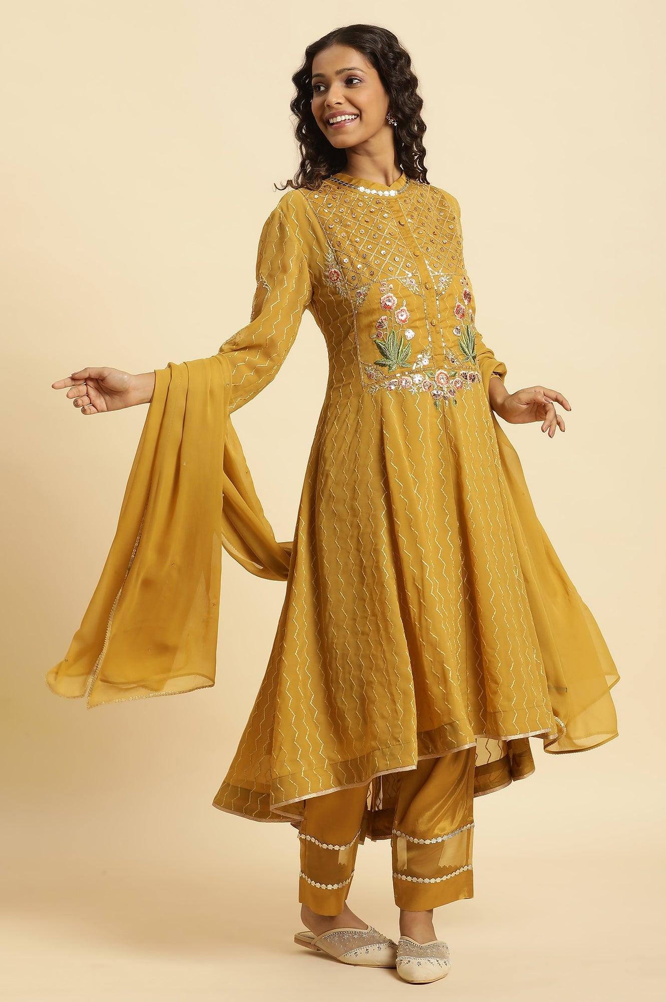 Yellow Embroidered Kurta, Pants And Dupatta Set - View 9