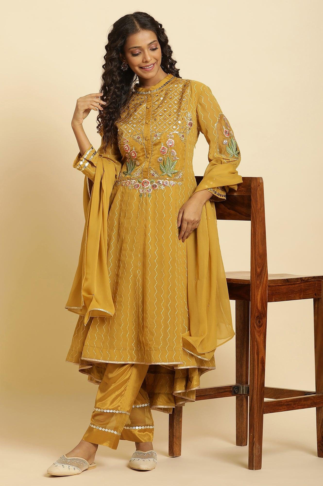 Yellow Embroidered Kurta, Pants And Dupatta Set - View 8