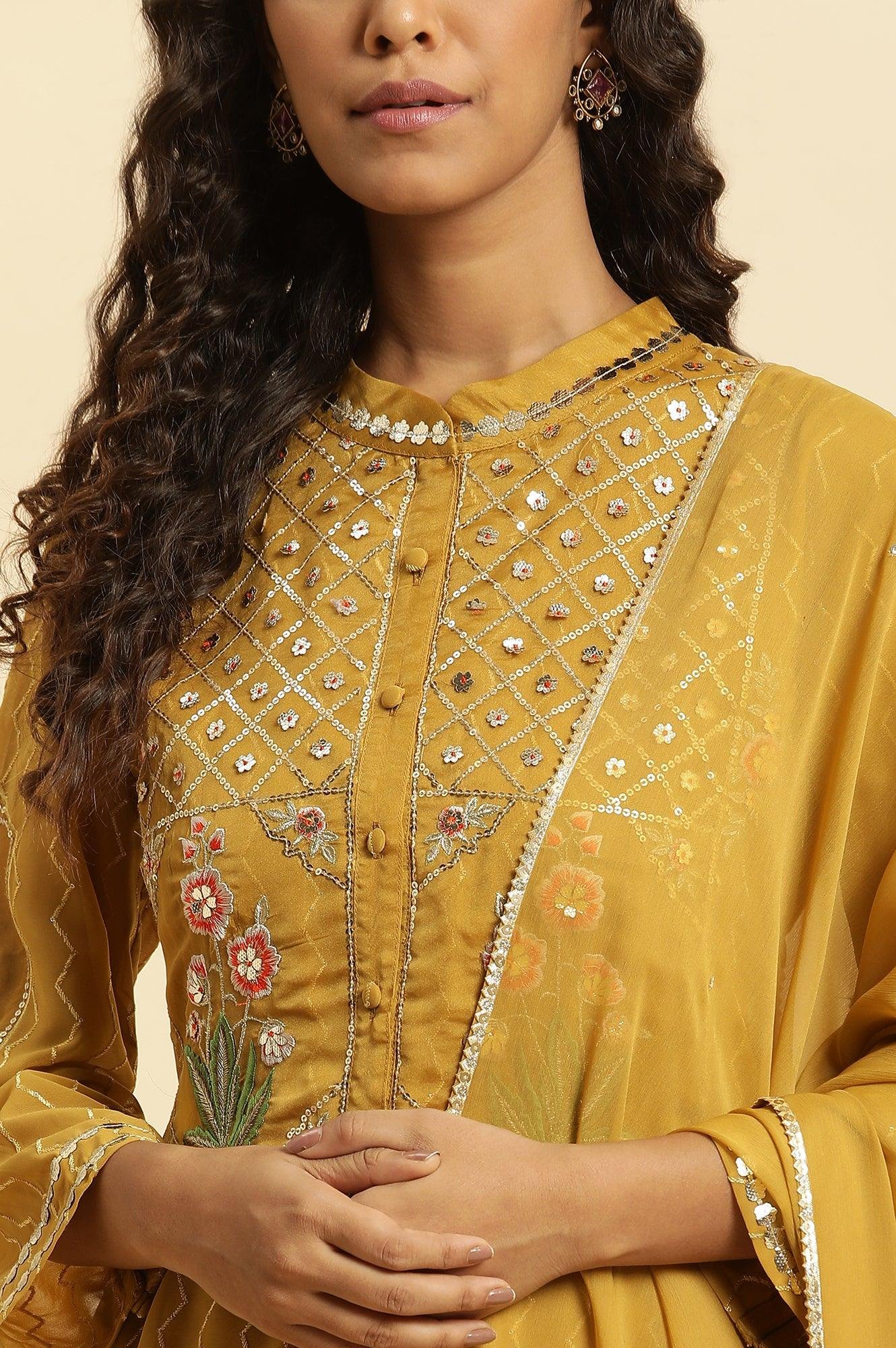 Yellow Embroidered Kurta, Pants And Dupatta Set - View 5