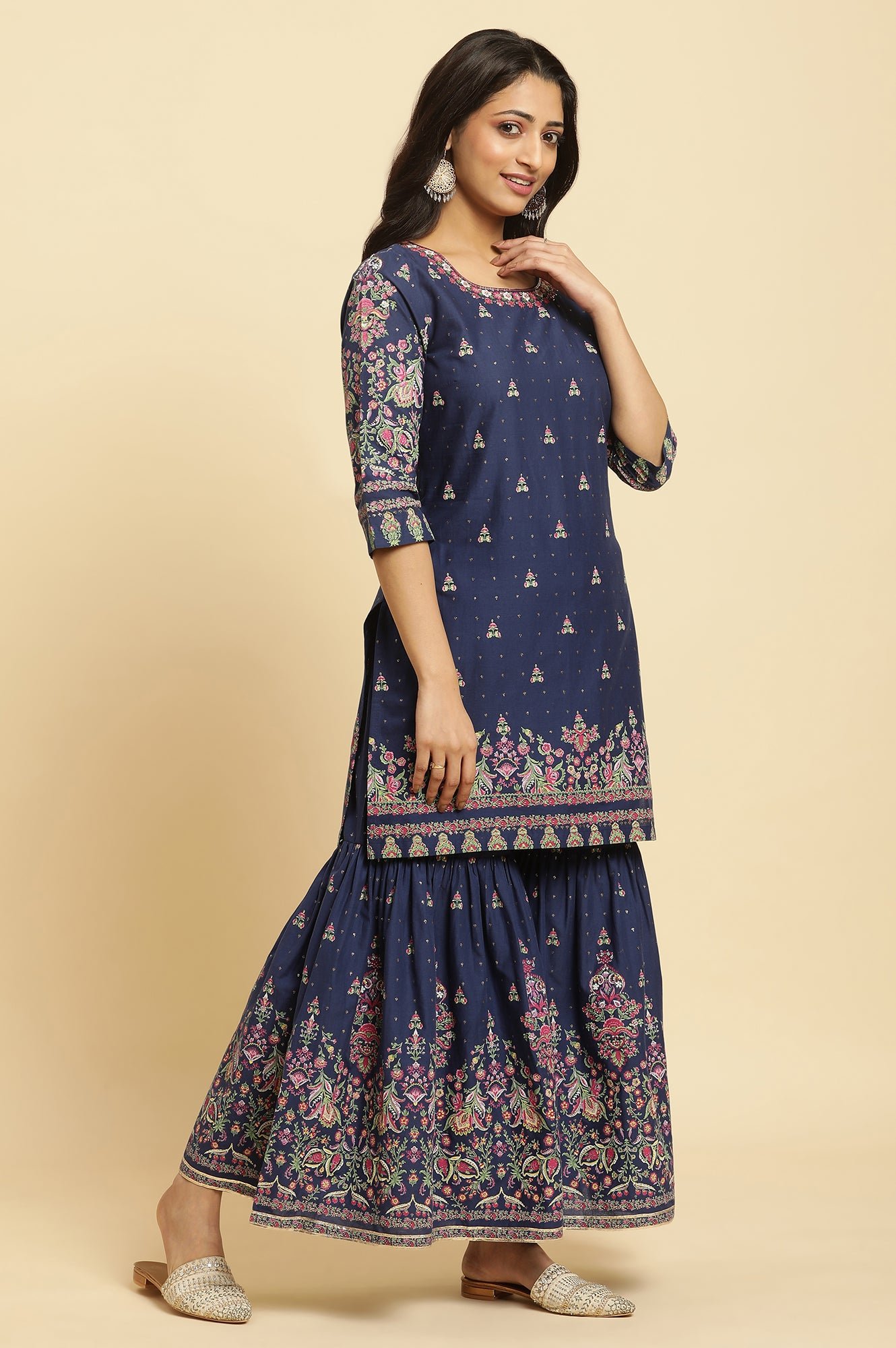 Blue Floral Printed Kurta, Sharara And Dupatta Set - View 4