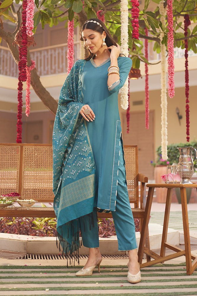 Blue Embellished Kurta, Pants And Jacquard Dupatta Set - View 5