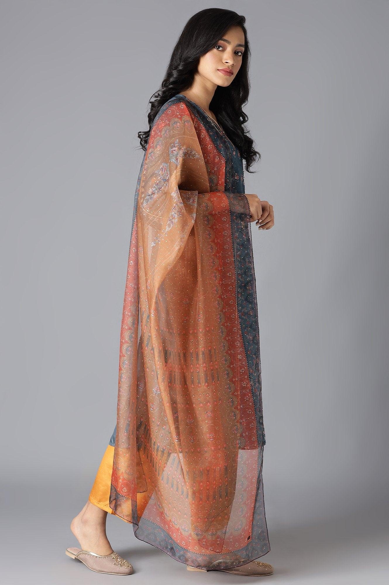 Teal Mock Layer kurta, Orange Parallel Pants And Dupatta Set - View 2