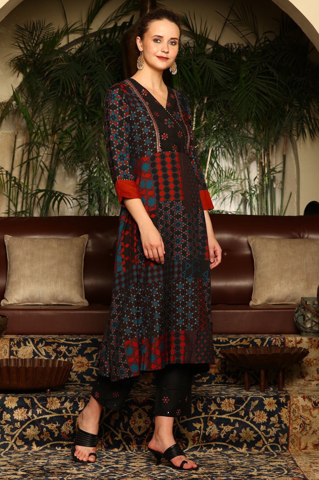 Black Multi-Coloured Patch Printed Metallic Embroidered A-Line Kurta, Pants And Dupatta Set - View 3