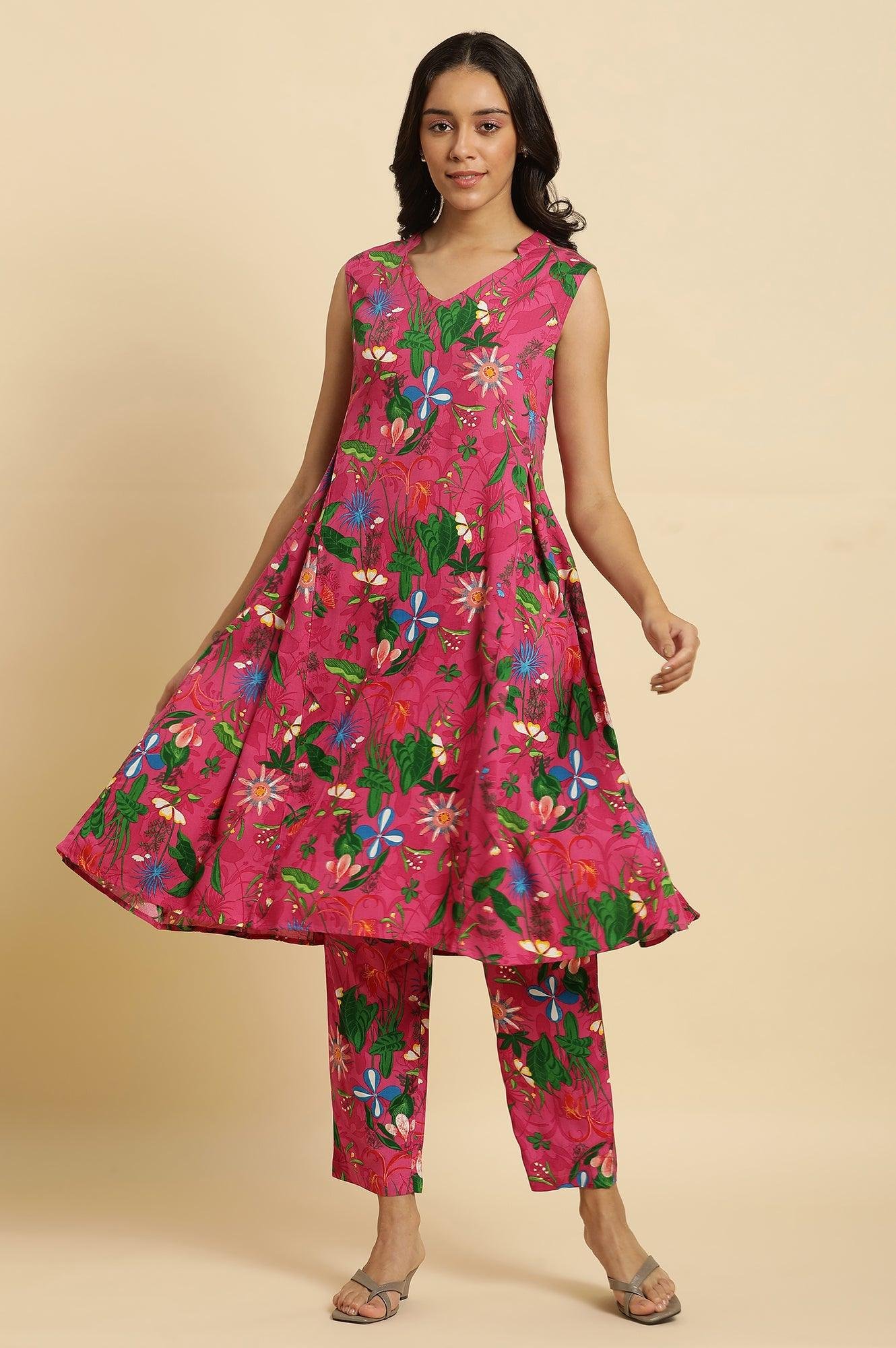 Pink Floral Printed Sleeveless Kurta & Pants Co-Ord Set - View 9