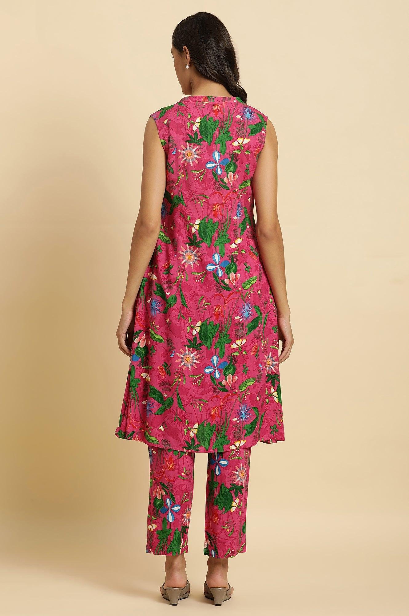 Pink Floral Printed Sleeveless Kurta & Pants Co-Ord Set - View 7