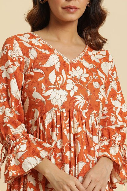 Dark Orange Floral Printed Kurta &amp; Pants Co-Ord Set - View 2