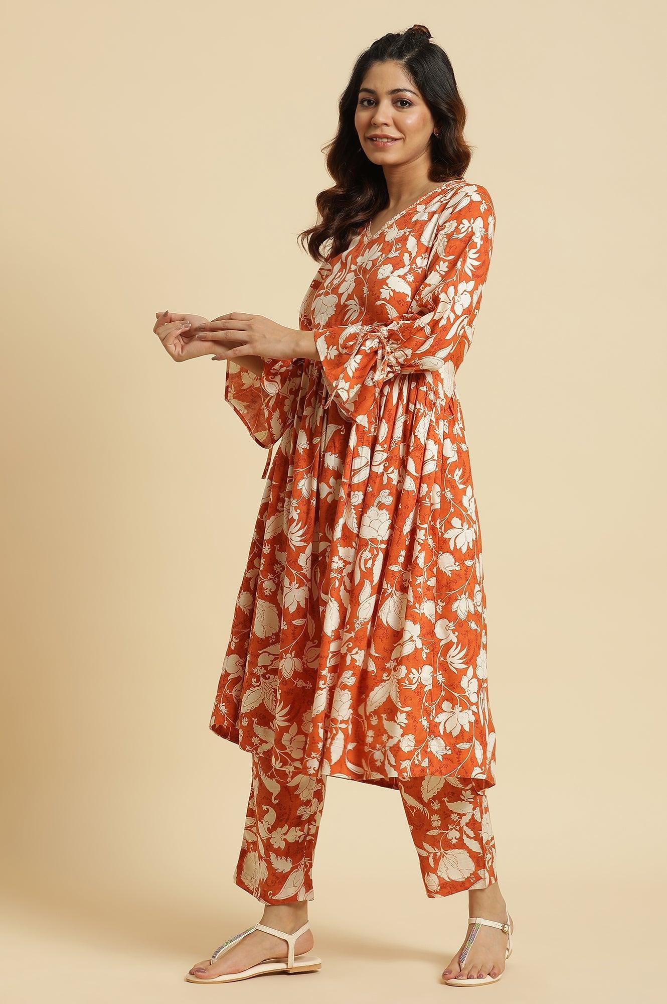 Dark Orange Floral Printed Kurta &amp; Pants Co-Ord Set - View 6