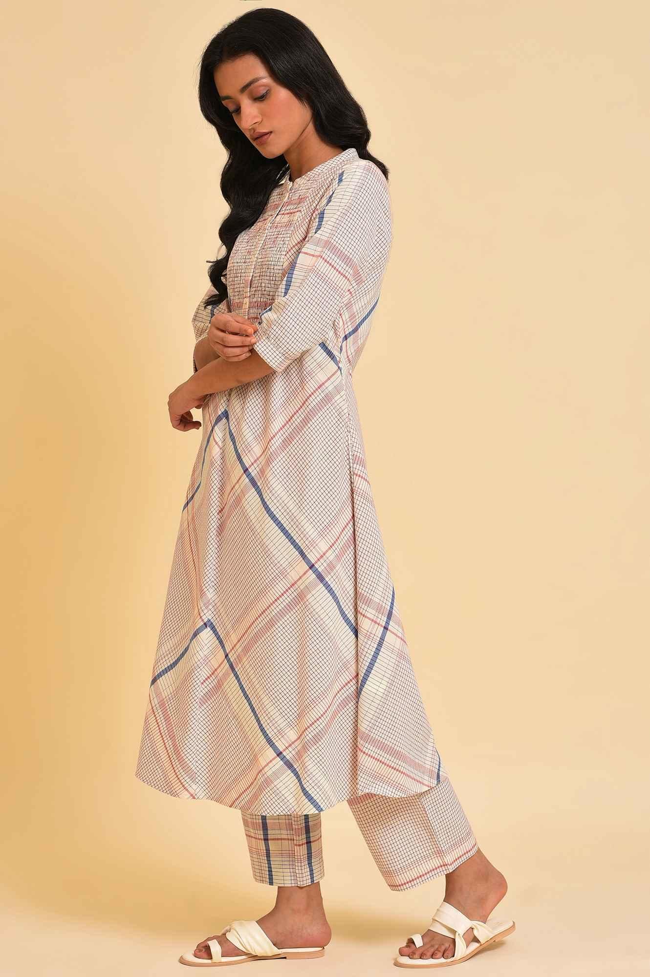 Ecru Bold Checks A-Line kurta &amp; Pants Co-Ord Set - View 6