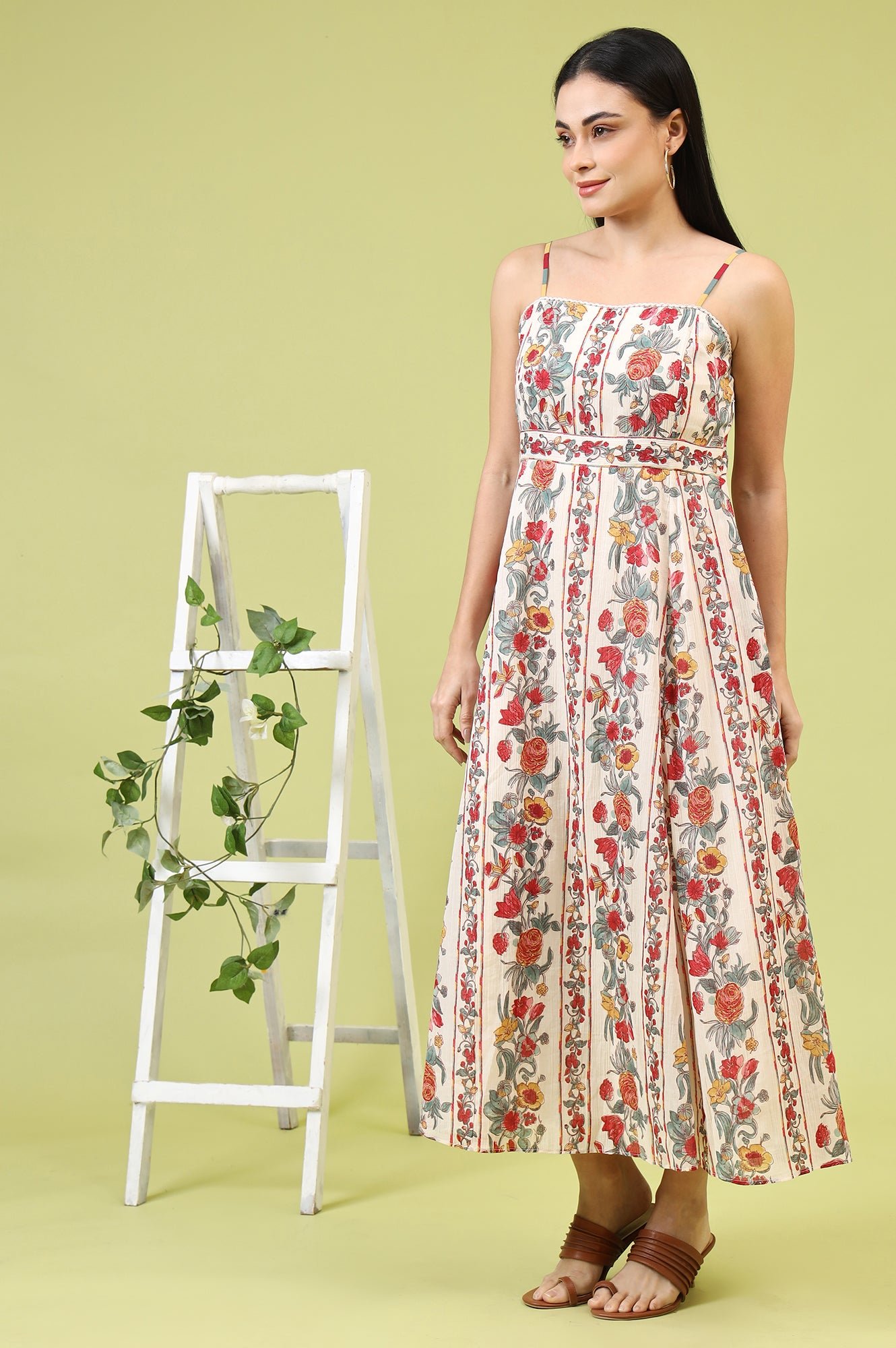 Off-White Vibrant Floral Printed Pure Cotton Flared Spaghetti Dress - View 7