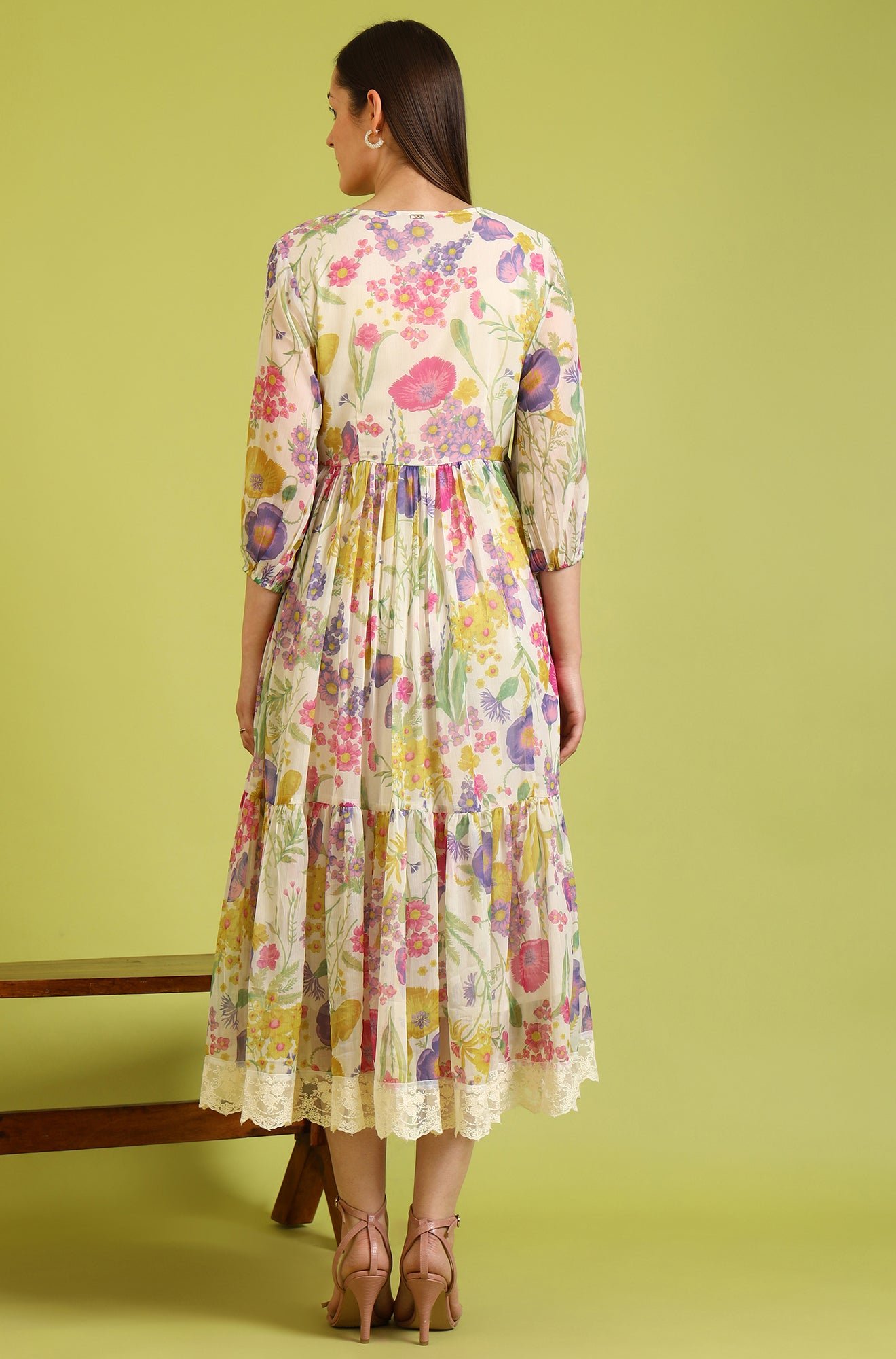 Floral Printed Flared Polyester Dress - View 7