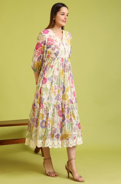 Floral Printed Flared Polyester Dress - View 4