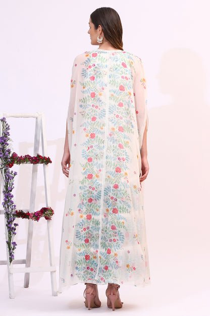 White Floral Printed Chiffon Tiered Flared Dress with Printed Cape - View 3