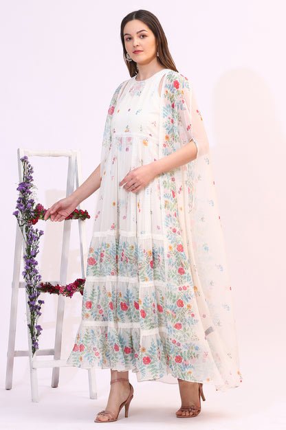 White Floral Printed Chiffon Tiered Flared Dress with Printed Cape - View 5