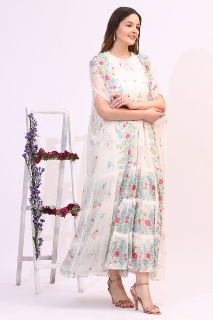 White Floral Printed Chiffon Tiered Flared Dress with Printed Cape - View 4
