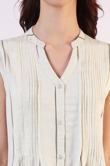 Off -White Striped Cotton Blend Flared Western Dress - View 5