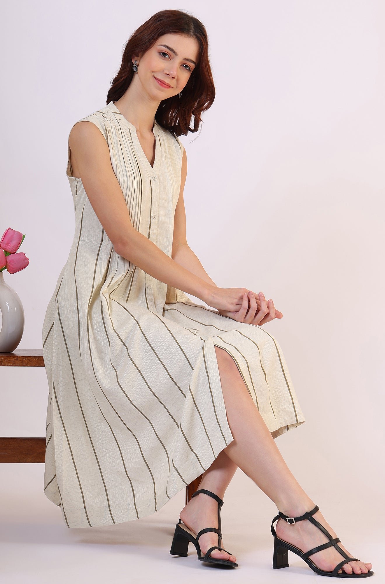 Off -White Striped Cotton Blend Flared Western Dress - View 10