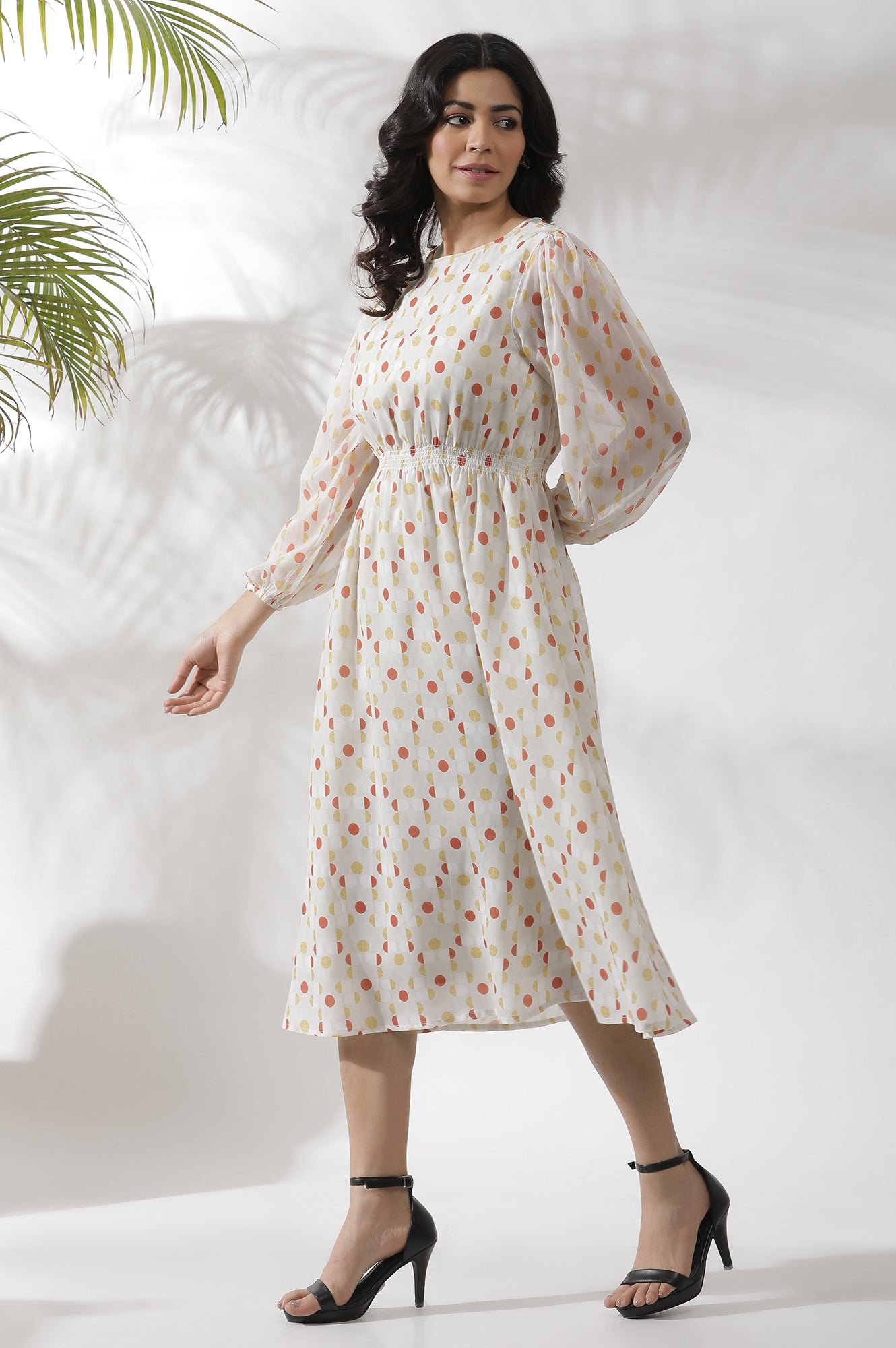 White Polka Dot Printed Gathered Western Dress - View 9