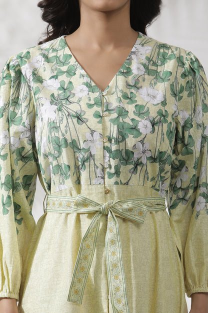 Yellow Floral Printed Shirt Dress - View 3