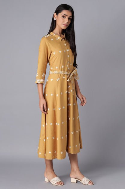 Yellow Flared Panelled Dress - View 2