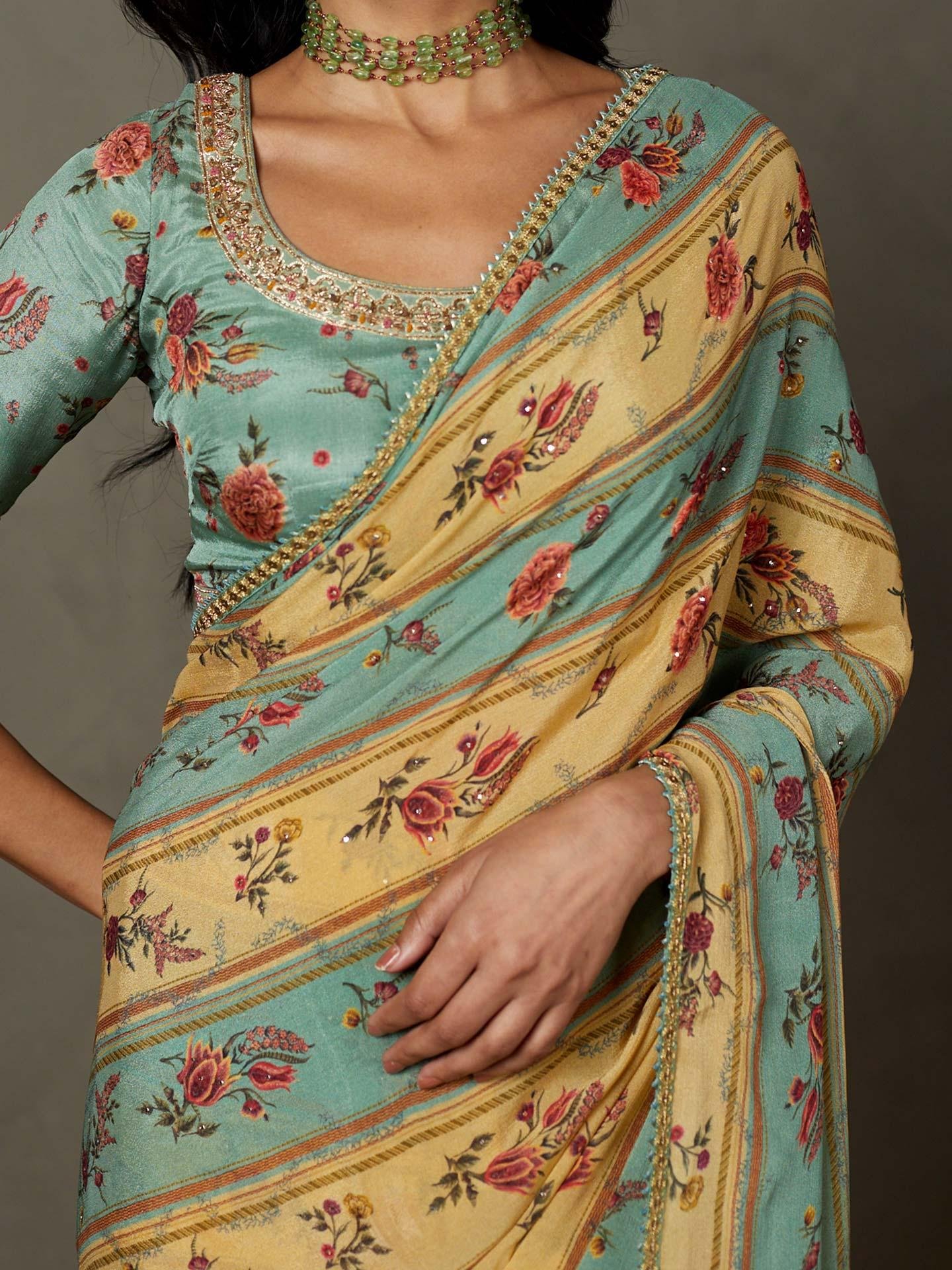Light Teal Dahlia Saree With Unstitched Blouse - View 2