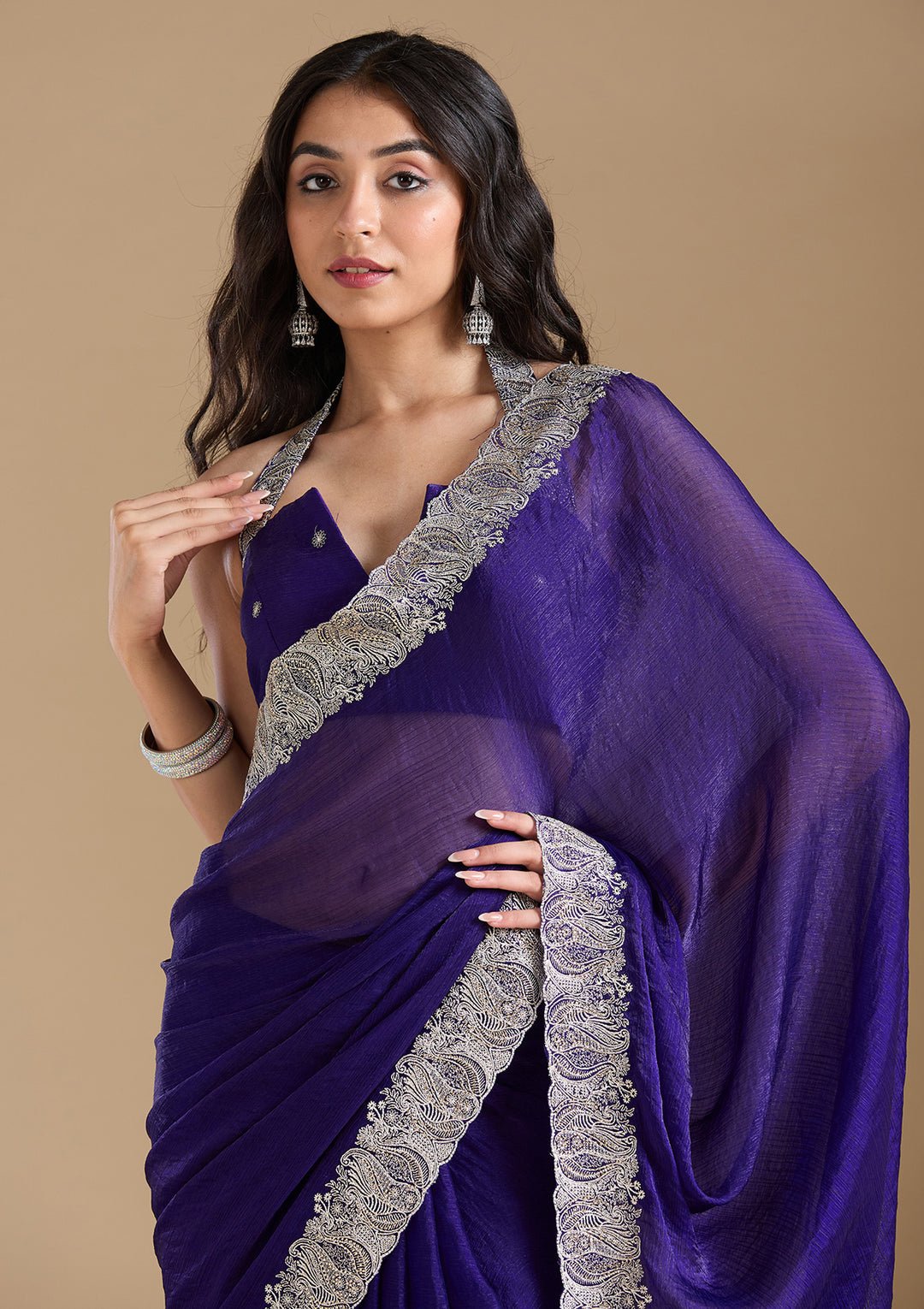 Violet Zariwork (Silver) Chiffon Saree - View 5