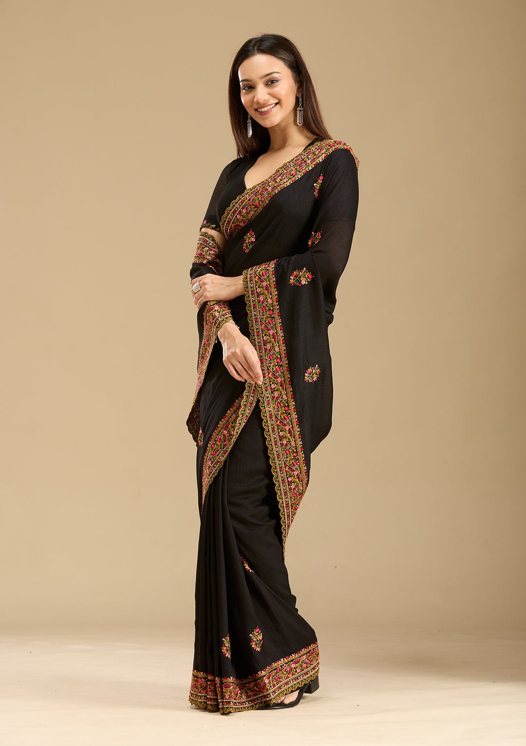 Black Kashmiri Soft Raw Silk Saree - View 7