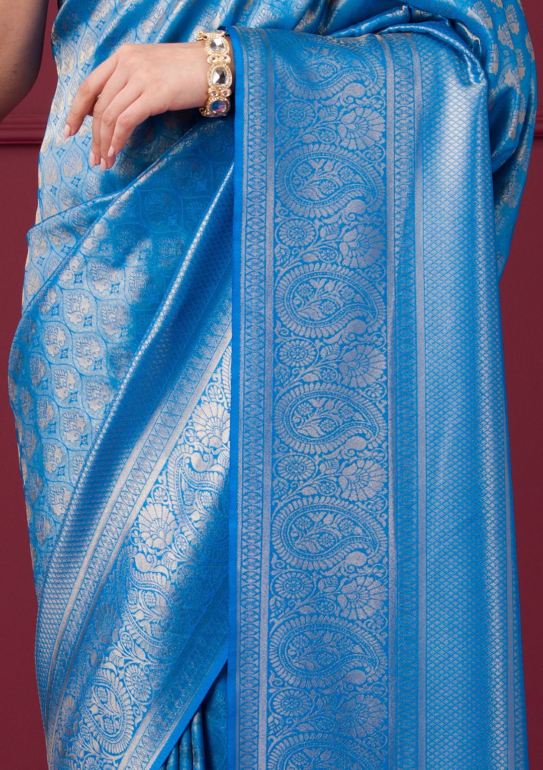 Turquoise Blue Zariwork Art Silk Saree - View 3