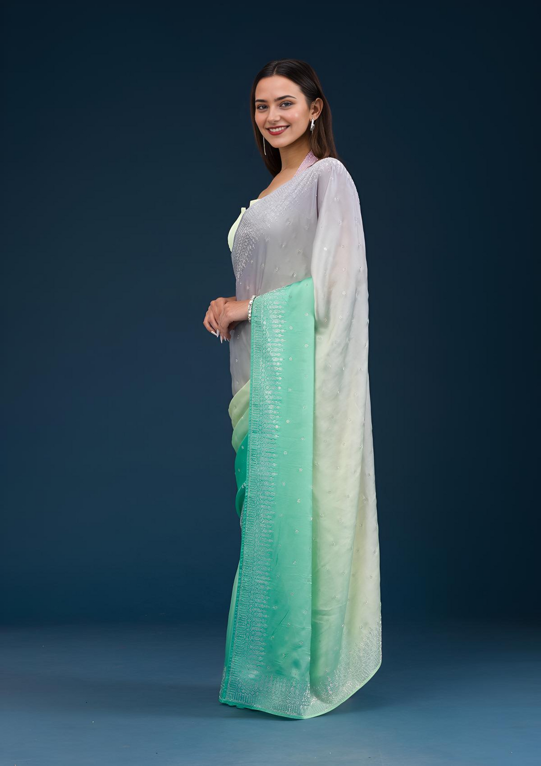 Grey Stonework Satin Saree - View 5