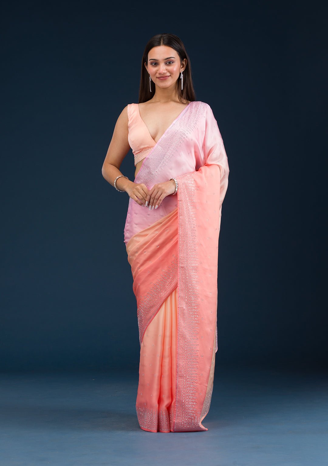 Light Orange Stonework Satin Saree - View 4