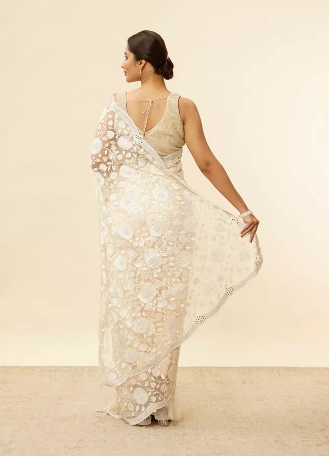 Ivory Cream Bel Buti Patterned Mirror and Stone Work Saree - View 4