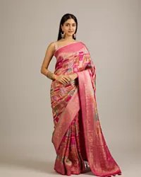 Rani Pink Grid Patterned Saree with Peacock Motifs - View 5