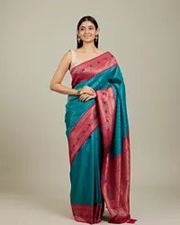 Rama Green Buta Patterned Saree with Floral Leaf Border - View 4