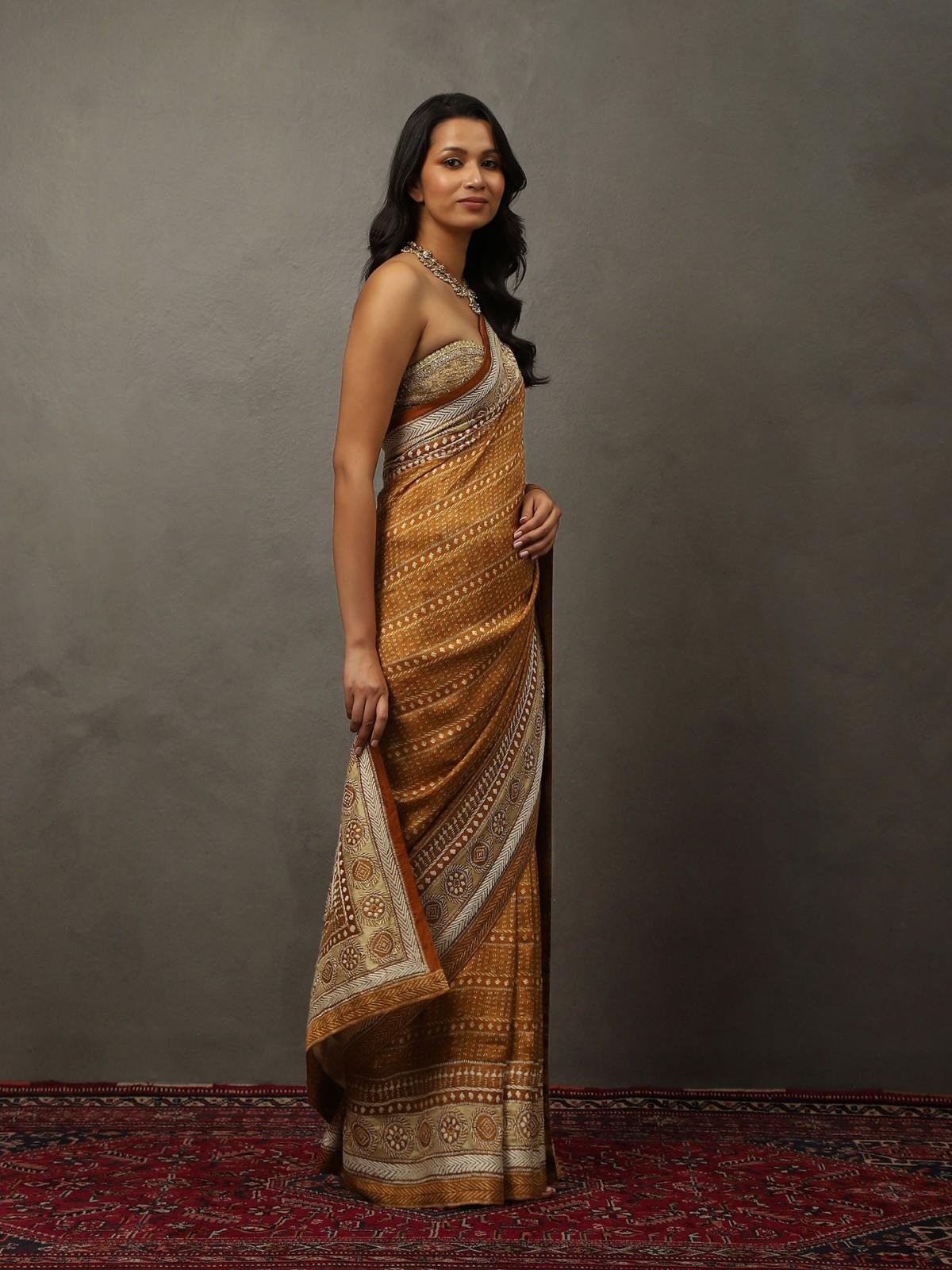 Camel Brown Bhairavi Saree With Unstitched Blouse - View 3