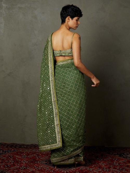 Khaki Rohira Saree With Unstitched Blouse - View 4