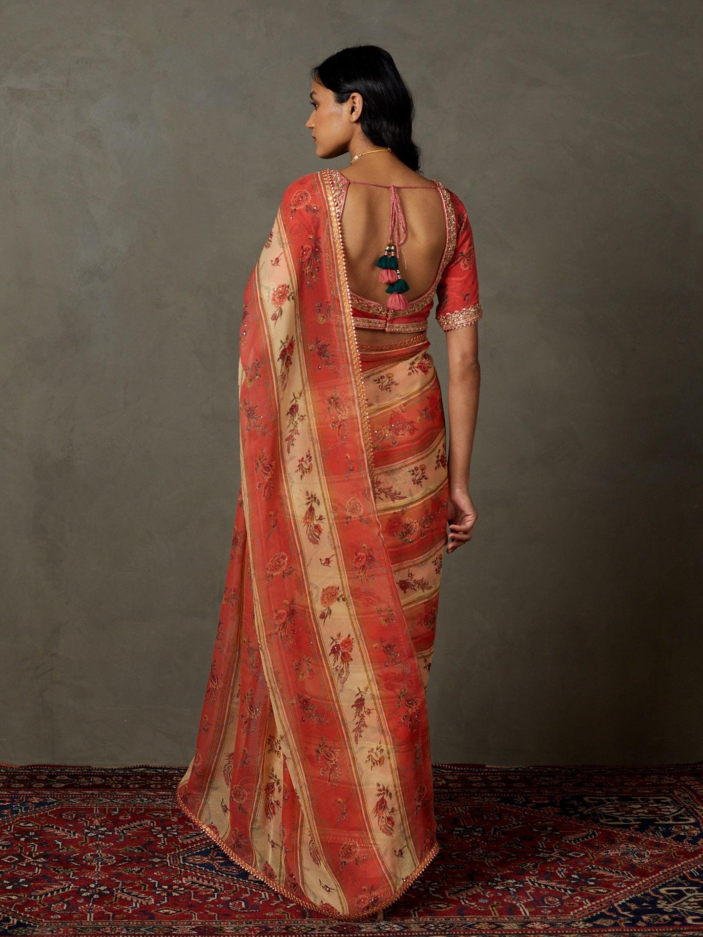 Peach &amp; Multi Dahlia Saree With Unstitched Blouse - View 5