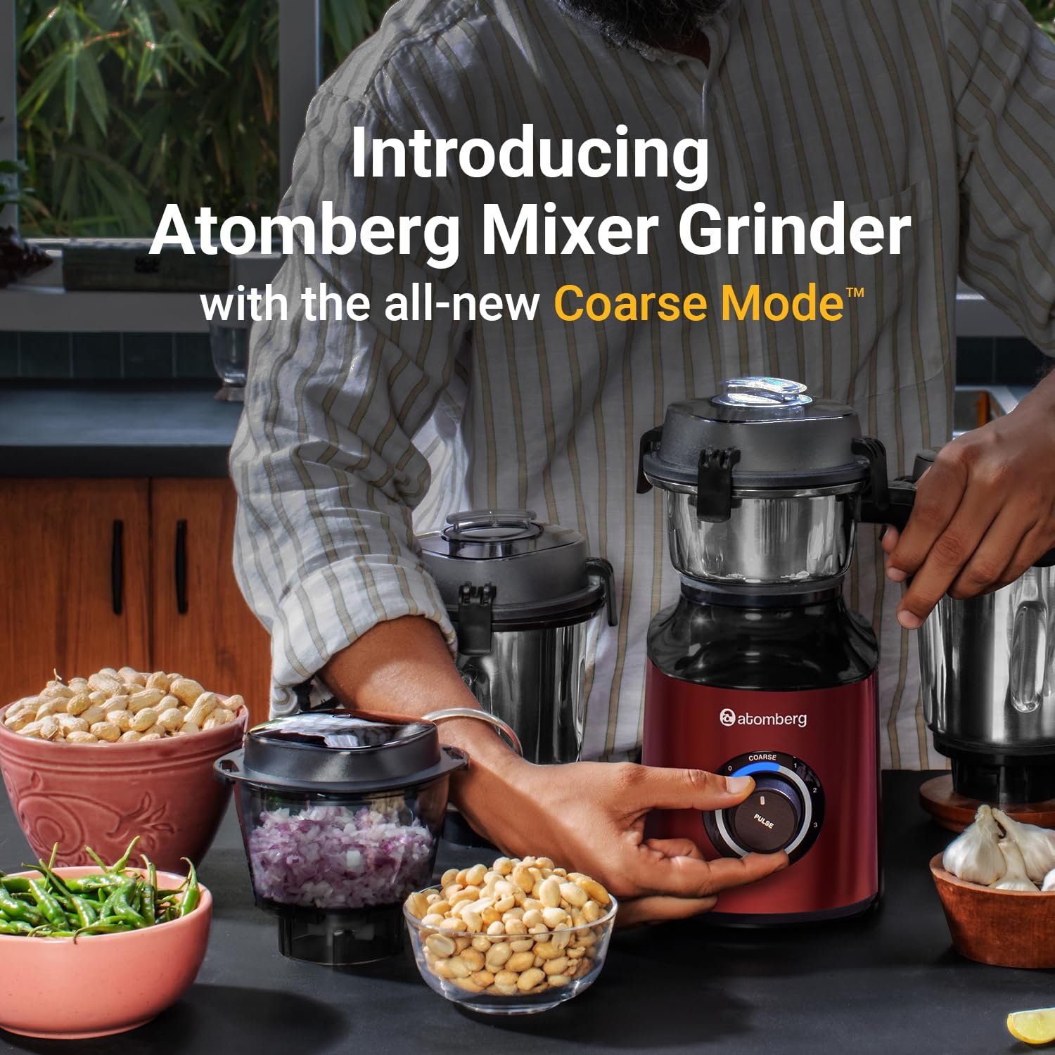 Atomberg Zenova Mixer Grinder with Unique Coarse Mode | Advanced Safety Features | 4 Jars including Chopper Jar with Hands Free Operation (Red Wine) - View 4