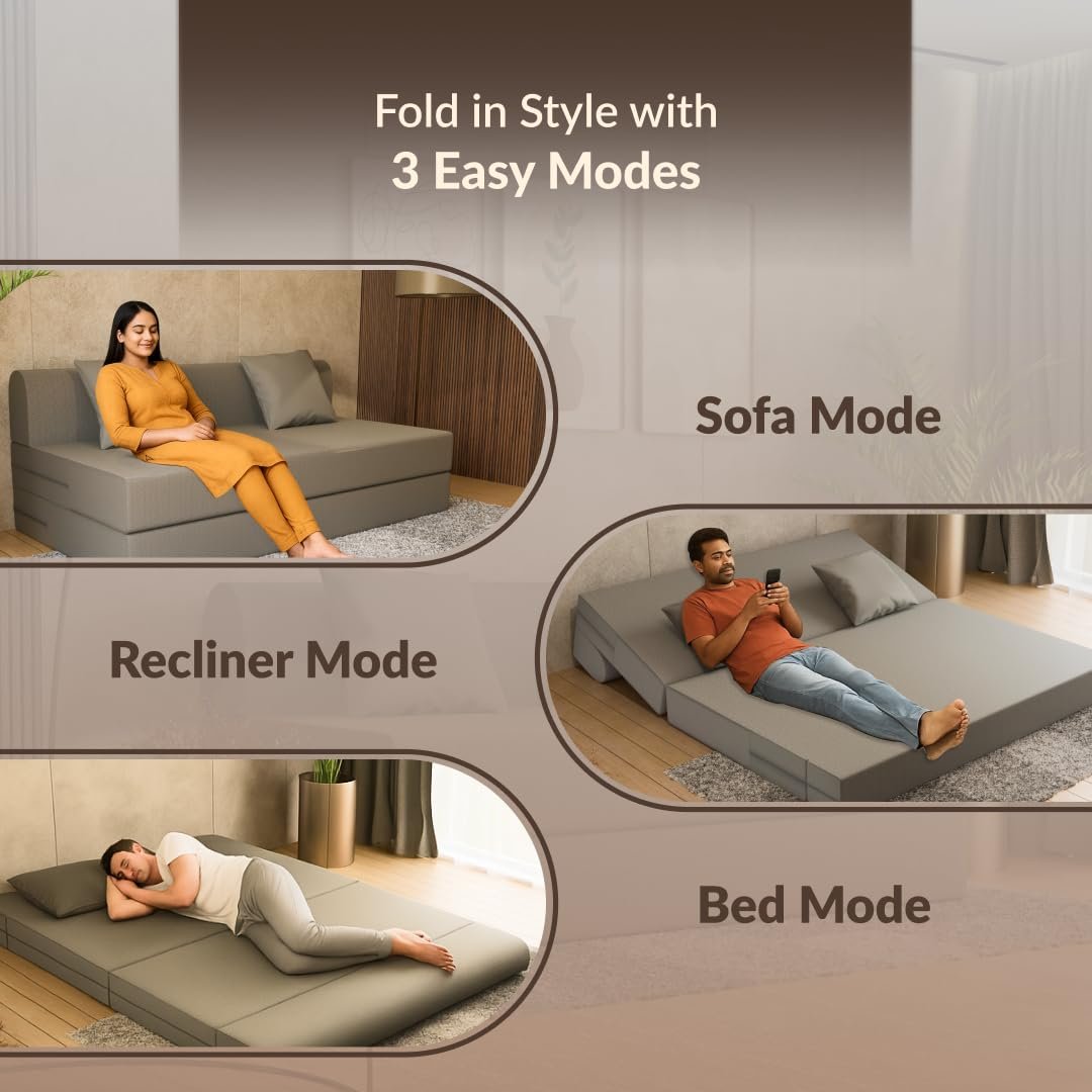 SleepyHug FoldPRO Sofa-Cum-Bed | 3-in-1 Convertible Sofa, Lounger &amp; Bed | TouchSense Technology | HR Foam | Lightweight | 3-Seater | Double Bed | Without Pillow | Grey, 1-Year Warranty - View 5
