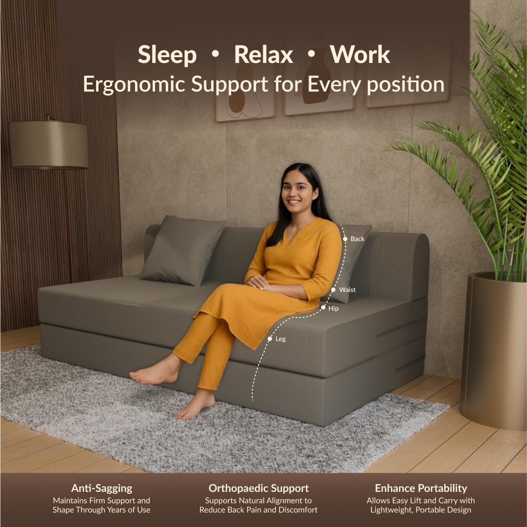 SleepyHug FoldPRO Sofa-Cum-Bed | 3-in-1 Convertible Sofa, Lounger &amp; Bed | TouchSense Technology | HR Foam | Lightweight | 3-Seater | Double Bed | Without Pillow | Grey, 1-Year Warranty - View 3