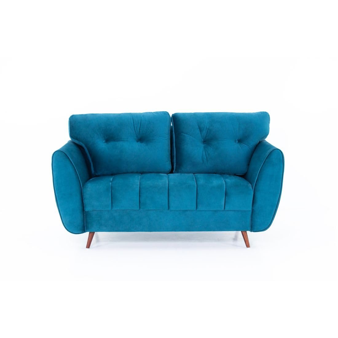 Peachtree Eden 2 Seater Sofa for Living Room| Sofa with 2 Cushions, 3 Year Warranty, Velvet Fabric Sofa with Mango Wooden Frame & Sheesham Wood Legs | Padded Armstyle (Teal Blue)