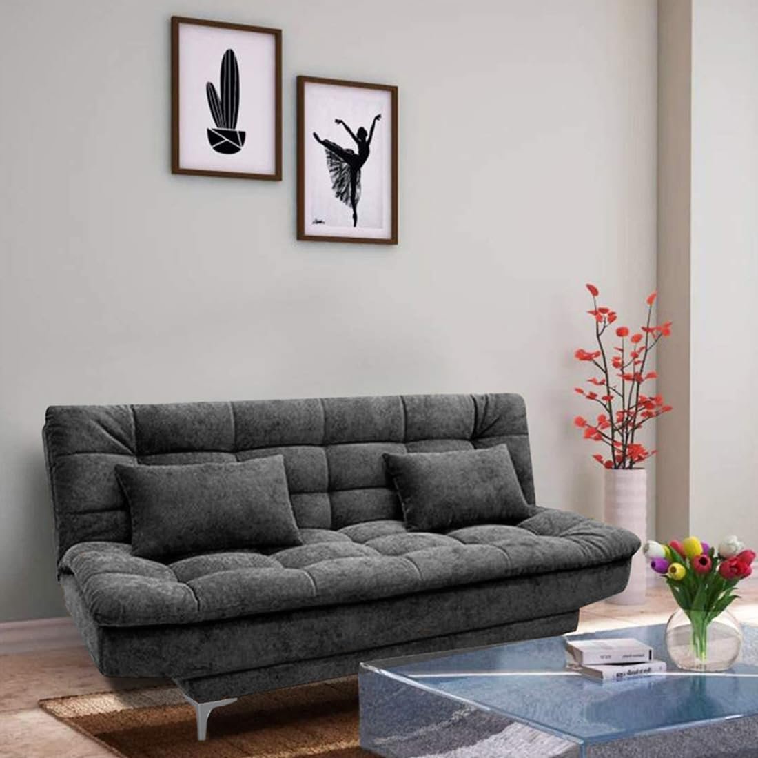FURNY Supersoft 3 Seater Fabric Sofa Cum Bed Set (Dark Grey) - View 2