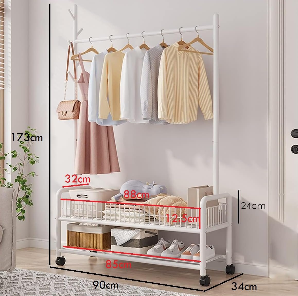 Lukzer | MGR-002 | White | Metal Cloth Stand &amp; Garment Rack with Wheels, 2 Bottom Shelves &amp; Single Rod – Space-Saving Clothes Organizer for Bedroom, Laundry, Entryway &amp; More | 173 x 90 x 34 cm - View 4